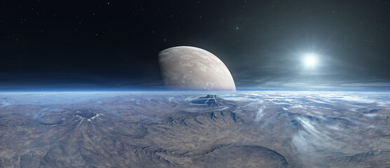 Aerial Panorama of Alien Planet Landscape. Futuristic Sci-fi Background © edb3_16