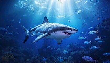 Fototapeta premium The great White Shark in the ocean, portrait of White shark hunting prey in the underwater