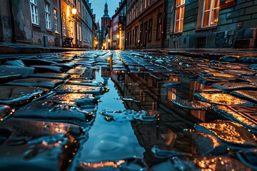 Obraz premium Reflection of the old city street with traditional european architecture in the puddle after rain