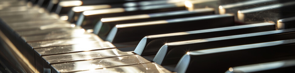 Keys of Brilliance: Macro Snapshot of Gleaming Piano Keys. Generative AI