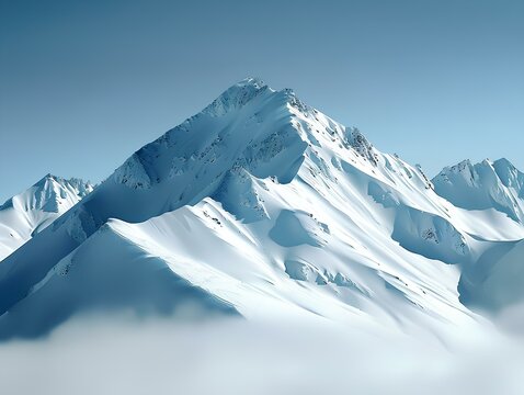 The majestic snow-capped mountain peak rises high above the clouds.