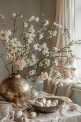 Vase With Flowers and Eggs on Table