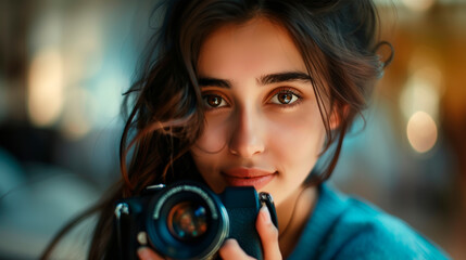A photographer girl, a close-up of a smiling beautiful young woman looking into the camera lens.