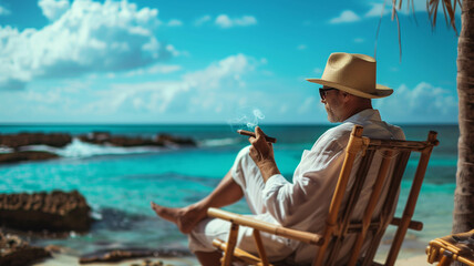 A charming gentleman in a Panama hat, lounging on a tropical beach chair with a cigar in hand, overlooking the azure waters of the Caribbean. Ai generated