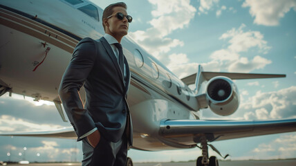 Capturing the essence of opulence and success, a sharply dressed businessman confidently stands beside his private jet. Ai generated
