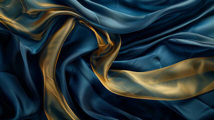 Layers of dark blue and gold silk fabric billowing in the wind, creating an abstract yet elegant composition, fashion photography. Ai generated