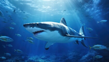 Naklejka premium The great White Shark in the ocean, portrait of White shark hunting prey in the underwater