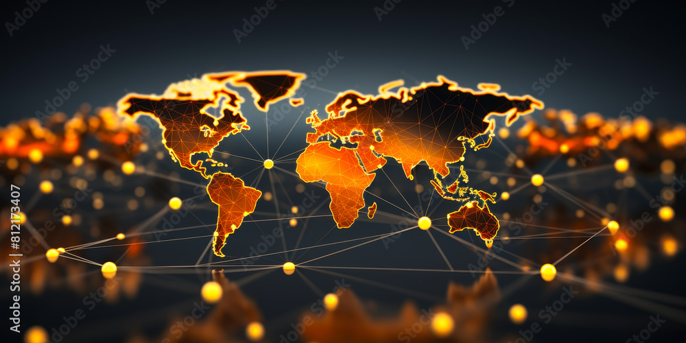 Poster global network connections: vibrant orange map visualization of world's digital infrastructure and d