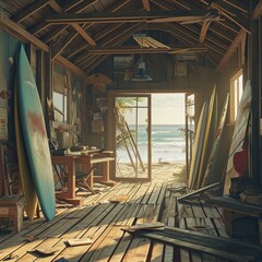 Fototapeta premium Surfer's beach shack with surfboards strewn all around, Surfer's beach background, Ai generated