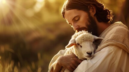 compassionate jesus christ tenderly embracing adorable lamb christian banner with copy space