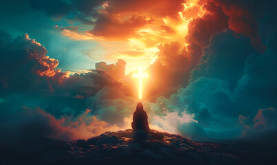 Silhouette of Devotee Praying before a Glowing Cross Among Majestic Clouds at Sunset, Symbolizing Faith and Hope