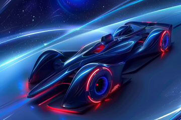 Racing car with elegant shapes on the track with a blurred background, Illustration with copy space. Concept: speed and competition