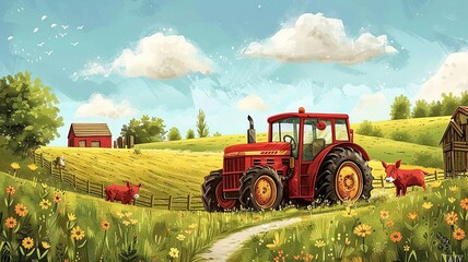 Obraz premium A simple outline drawing of a cute cartoon tractor with big wheels and a happy driver working in a farm field, ideal for young children to color.