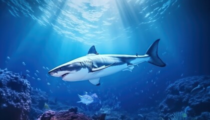 Naklejka premium The great White Shark in the ocean, portrait of White shark hunting prey in the underwater