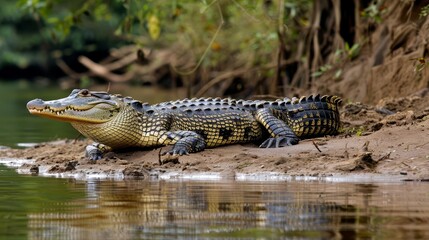 Fototapeta premium crocodile basking on riverbank in natural habitat wildlife photography
