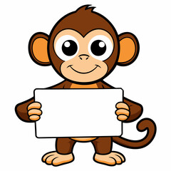 Small cartoon monkey, button eyes, holding a big white sign