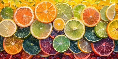 Vibrant array of colorful citrus slices, including orange, lemon, and lime, displayed in a pattern