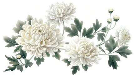 delicate chrysanthemum blossoms buds and foliage bouquet on white background floral illustration