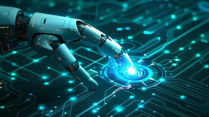 A robot's hand is touching a blue button on a circuit board