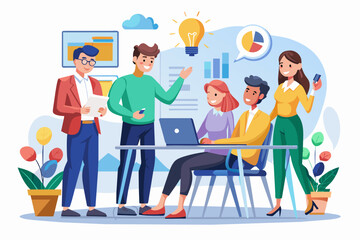 Business team working together, brainstorming, discussing ideas for project. People meeting at desk in office. illustration for co-working, teamwork, workspace concept,flat illustration