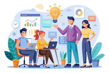 Business team working together, brainstorming, discussing ideas for project. People meeting at desk in office. illustration for co-working, teamwork, workspace concept,flat illustration