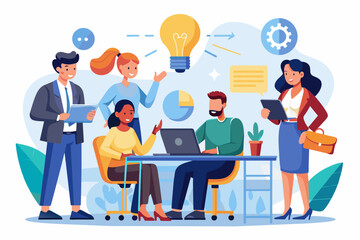 Business team working together, brainstorming, discussing ideas for project. People meeting at desk in office. illustration for co-working, teamwork, workspace concept,flat illustration