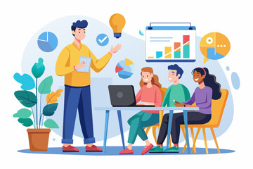 Business team working together, brainstorming, discussing ideas for project. People meeting at desk in office. illustration for co-working, teamwork, workspace concept,flat illustration