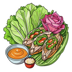 Enjoy the taste of Vietnamese lettuce wraps with pork, rice noodles and pickled vegetables.

