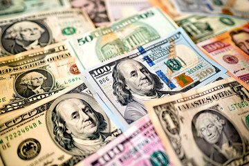 Array of Various Denominations of United States Currency Notes Displaying Financial Theme