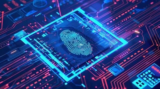 digital online account verification process with fingerprint and photo id scanning concept illustration