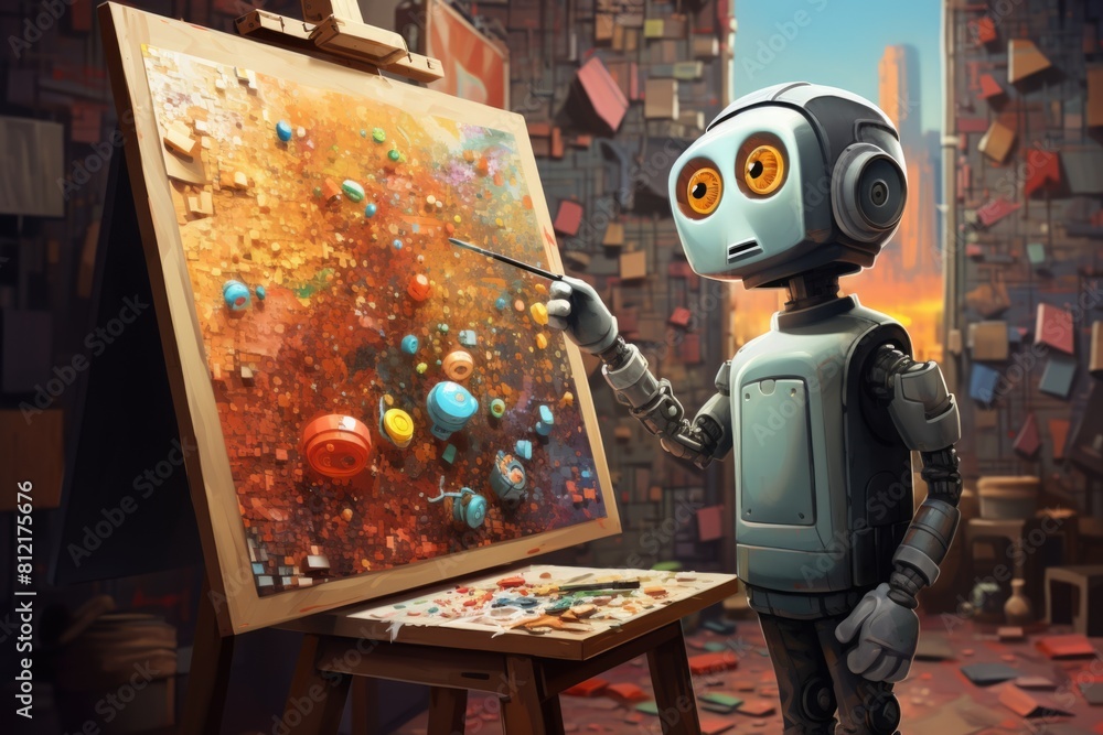 Poster concept of generative ai art technology, robot painting picture in studio. comeliness