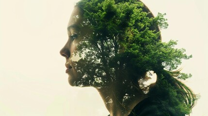 double exposure portrait of womans head and trees environmental awareness photo