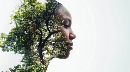double exposure portrait of womans head and trees environmental awareness photo