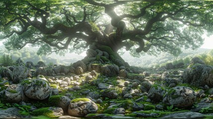 A panoramic 360-degree view of a mystical fairy tale forest filled with ancient trees and moss-covered rocks