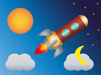 Vector e ilustración de cohete saliendo de la atmosfera al espacio con estilo caricatura.   © Nicolas