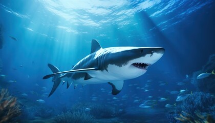 Obraz premium The great White Shark in the ocean, portrait of White shark hunting prey in the underwater