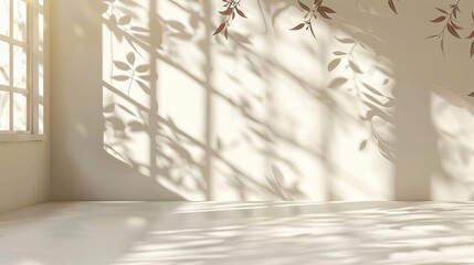dreamy abstract beige studio background shadows of window and leaves 3d room
