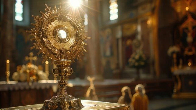 An ostensory used for worship during a Catholic church ceremony specifically for the adoration of the Blessed Sacrament is an integral part of the Eucharistic Holy Hour observed in the Cath