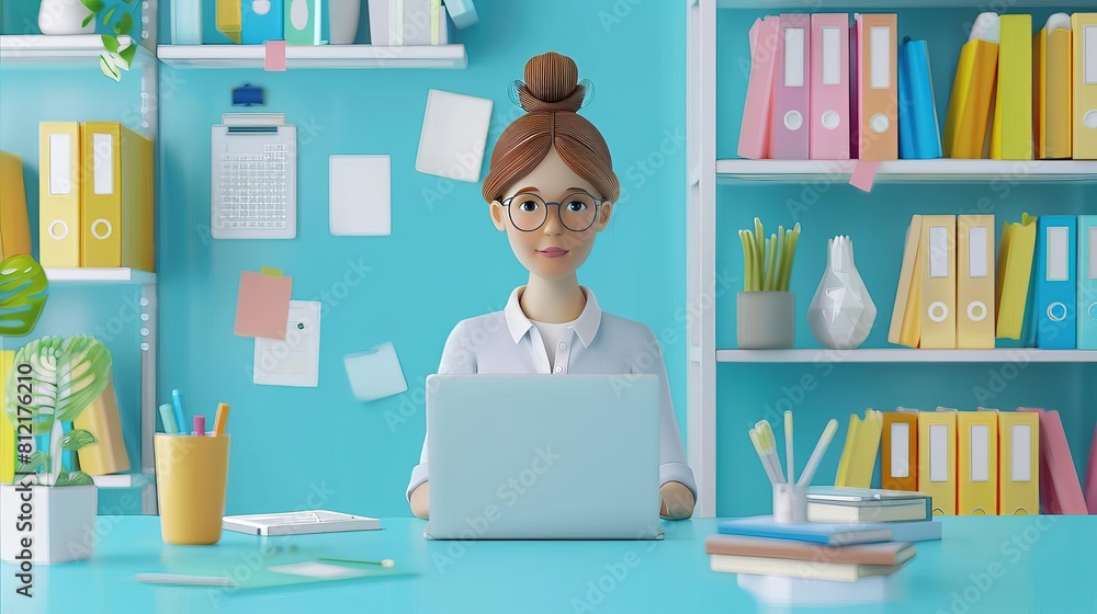 Poster efficient businesswoman manages online documentation using laptop and digital file storage software 