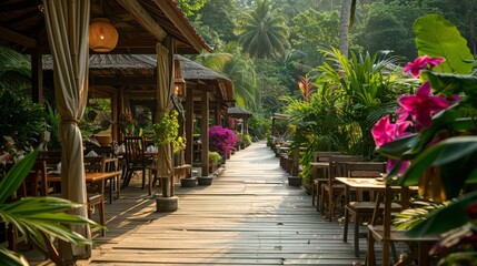 A long walkway with tables and chairs leading to a restaurant