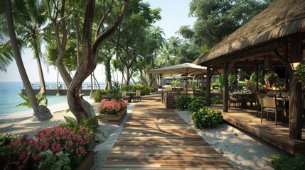A beach walkway with a wooden boardwalk leading to a restaurant