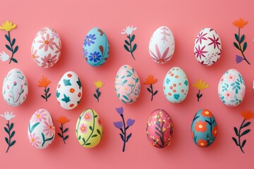 Group of Painted Eggs on Pink Surface