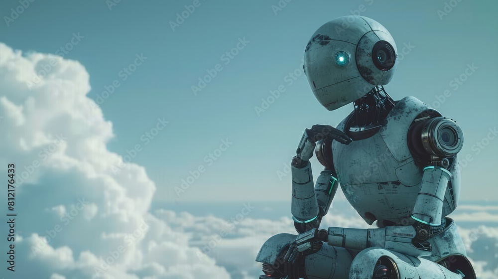 Poster a robot is sitting on a cloud and looking up at the sky