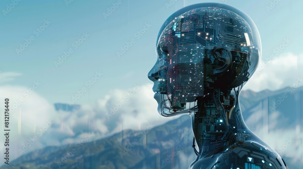 Poster A computer generated image of a human face with a mountain in the background