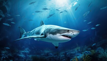 Fototapeta premium The great White Shark in the ocean, portrait of White shark hunting prey in the underwater