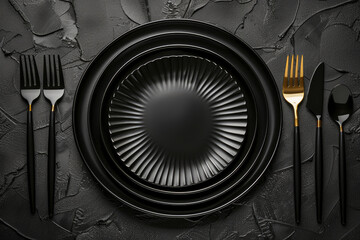 table setting with black plate and contrasting black and gold cutlery on a dark textured background.