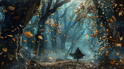 enchanted forest with person surrounded by flying leaves fantasy digital art