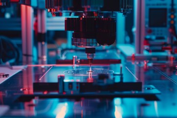 The robotic arm is assembling electronic components on a circuit board.