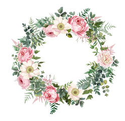 Wreath with rose flowers on transparent background 