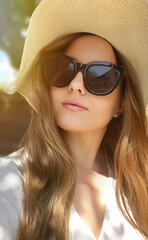 Fototapeta premium Beauty, summer holiday and fashion, face portrait of happy woman wearing hat and sunglasses, for skincare cosmetics, sunscreen spf lifestyle look idea